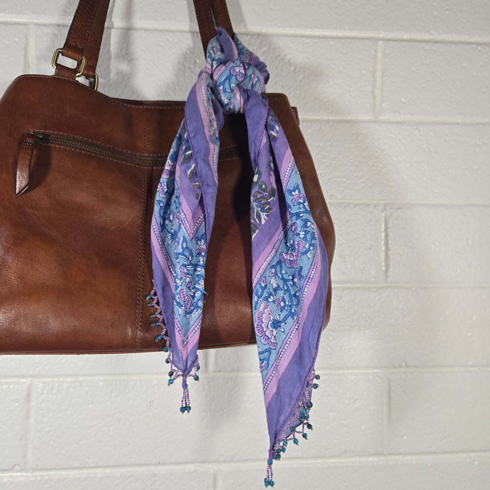 Boho Floral Beaded Tassel Scarf Purple Blue Boho Bandana Bag‎ Charm Scarf 29x27